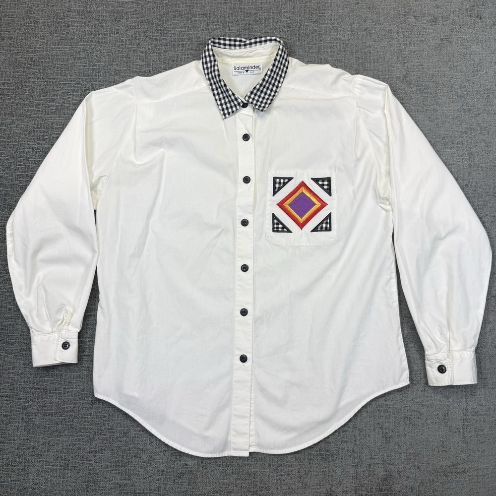 Vintage Salaminder Western Shirt Women's Large White Button Embroidered